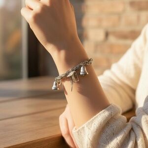 Vintage Sterling Silver Trebor Charm Bracelet 925 Silver Bell Praying Hands Cloc